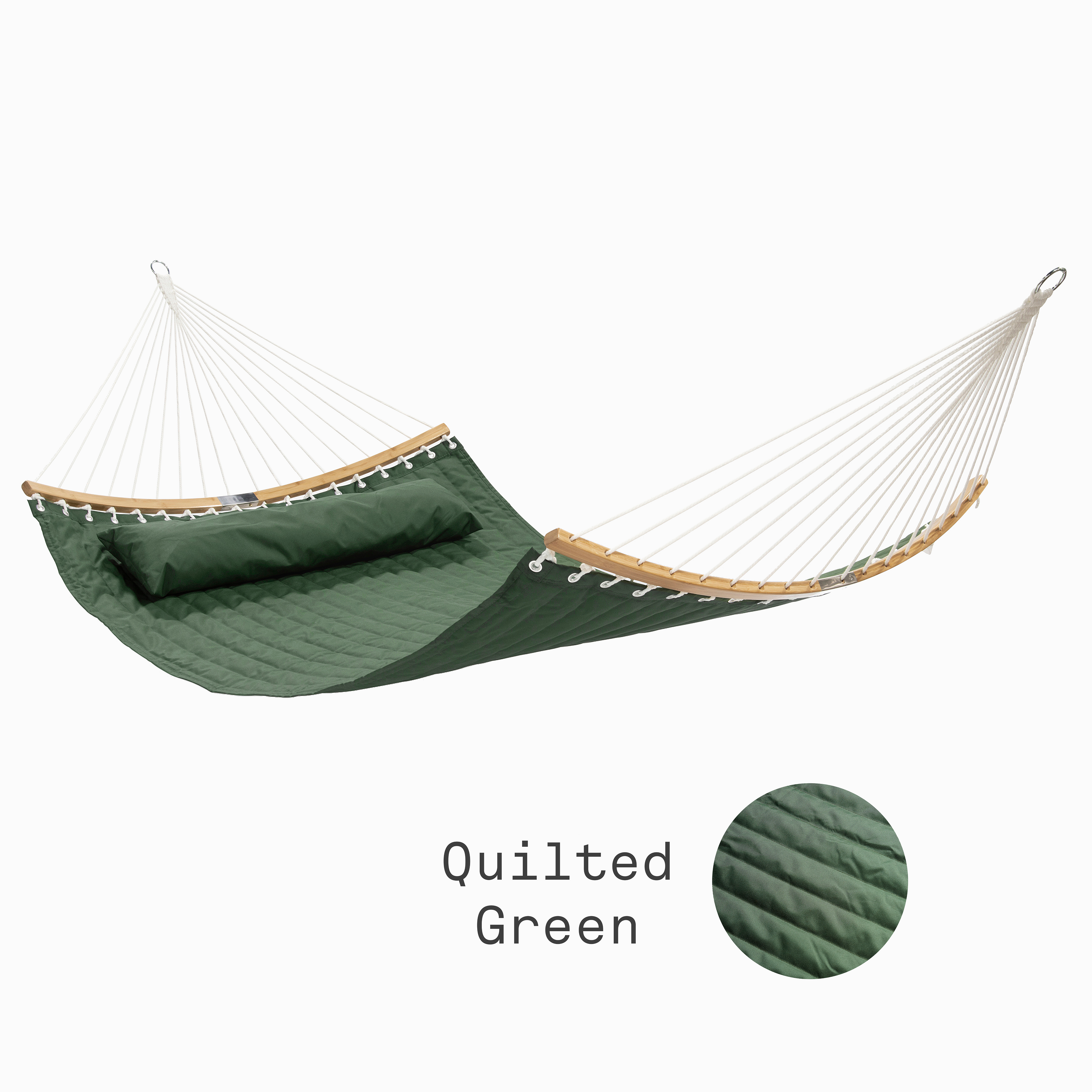 Full view of quilted green hammock with pillow beside a swatch labeled quilted green